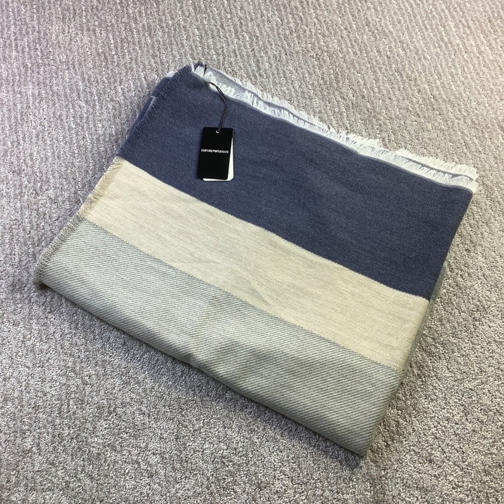 Emporio Armani Blue Cream Grey Logo Jacquard Stole Scarf Wrap NWT